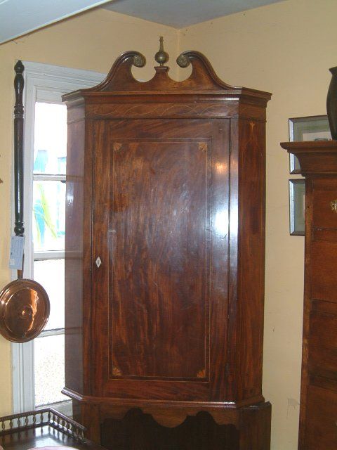 george 3rd inlaid corner cabinet with swan neck pediment