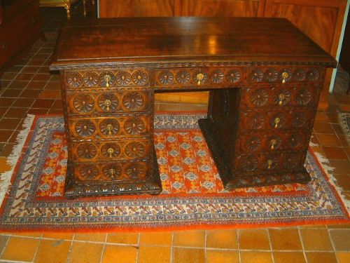 victorian double sided carved oak writing desk with original brasses