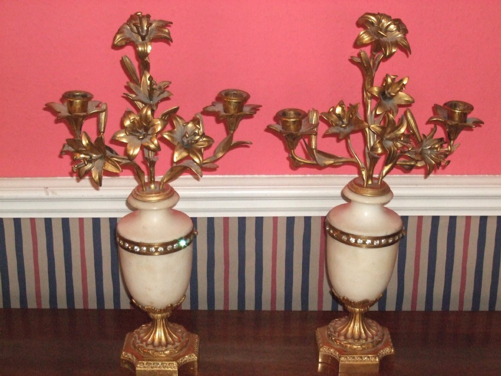pair of 19thc gilt metal alabaster candelabra with inset crystals