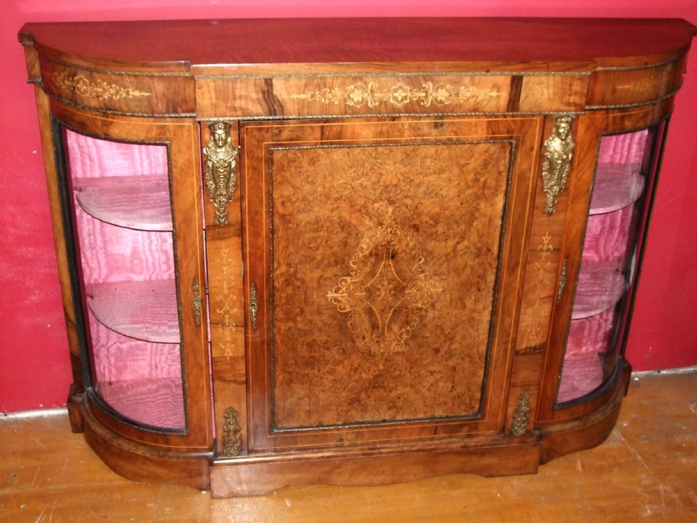 victorian walnut amboyna ormolu mounted inlaid credenza