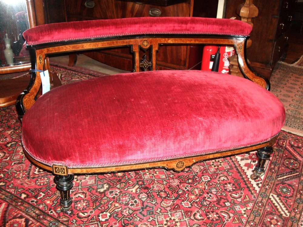 charming victorian amboyna ebonised settee with fine seaweed inlay inlaid medallions