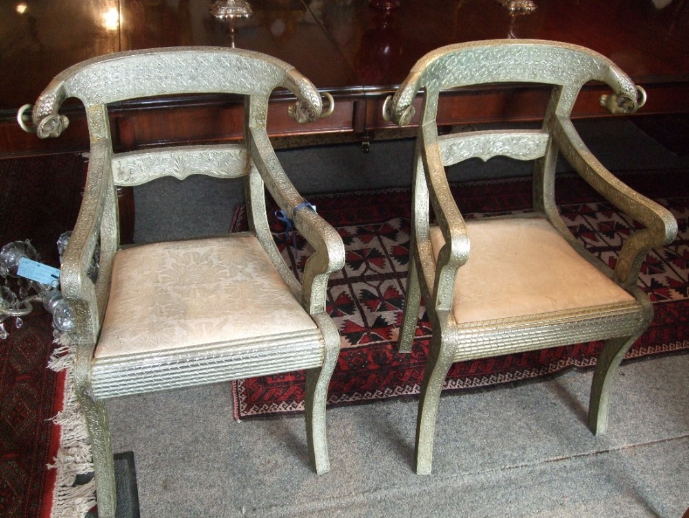 pair of ram's head metal wrapped angloindian regency style dowry wedding chairs