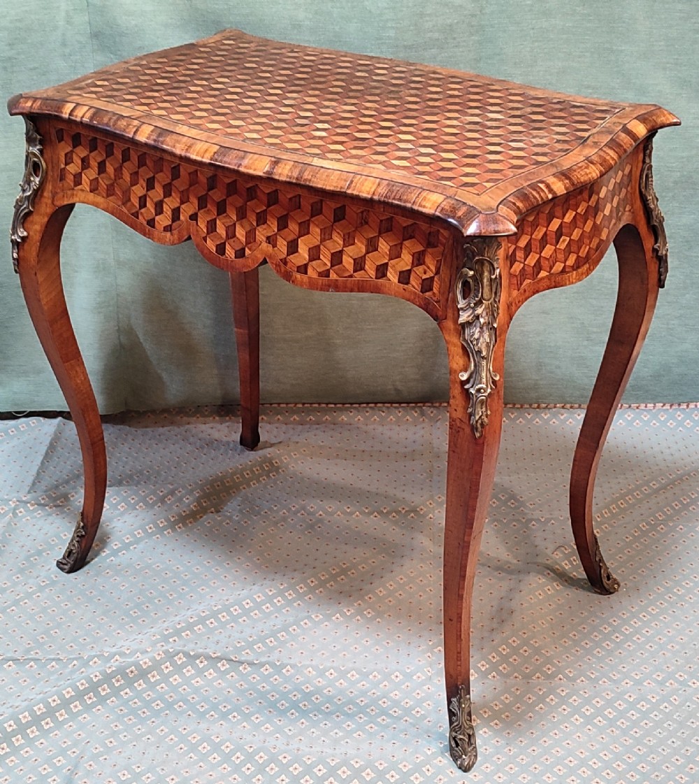 19thc kingwood parquetry table ormolu mounts with drawer makers label