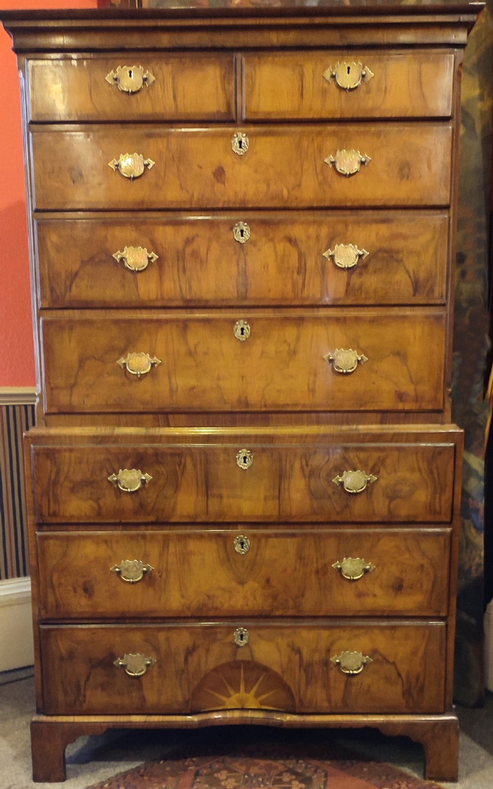 george 2nd walnut chest on chest with sunburst inlay