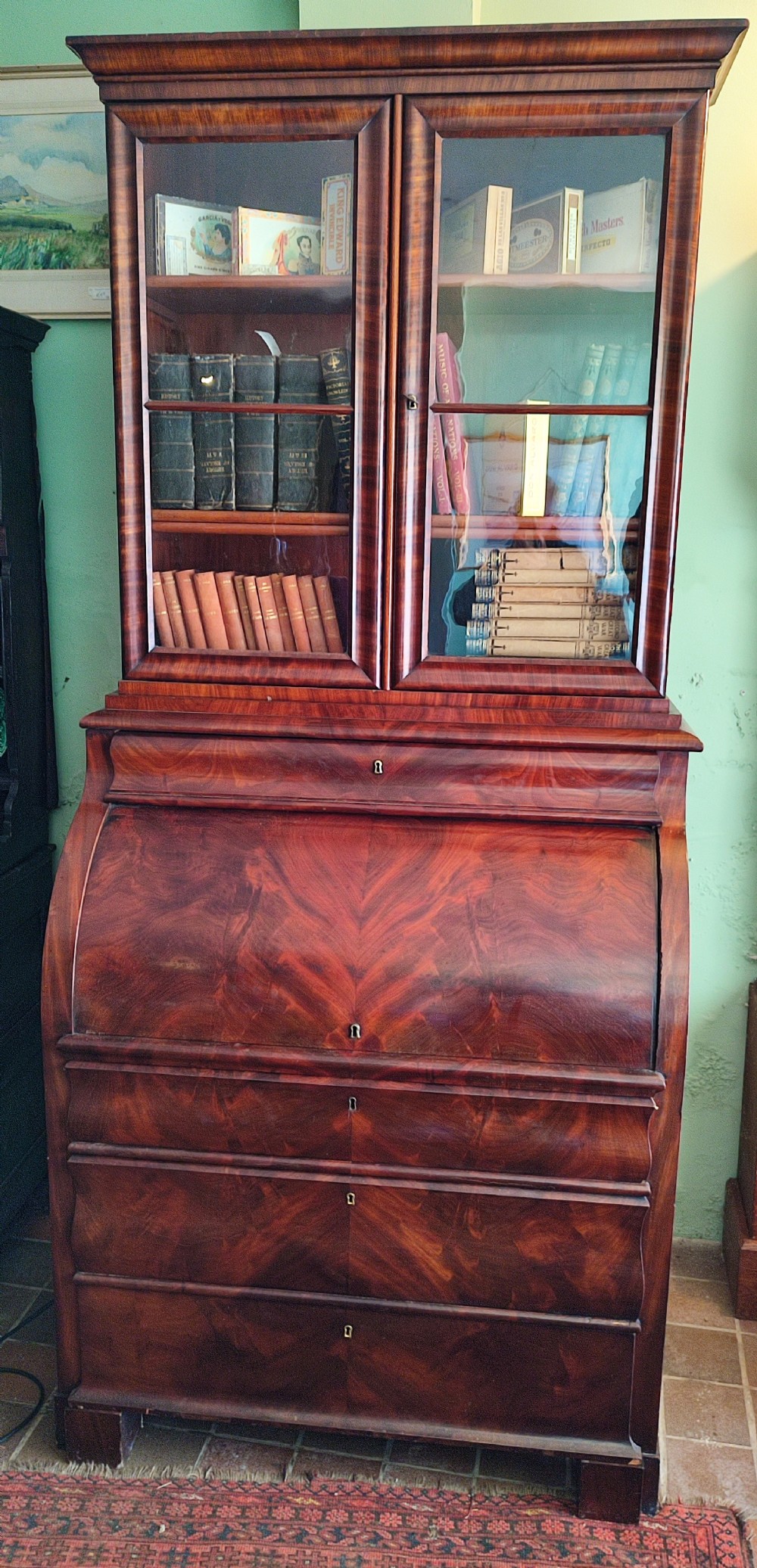 mahogany biedermeier cylinder bureau bookcase19thc