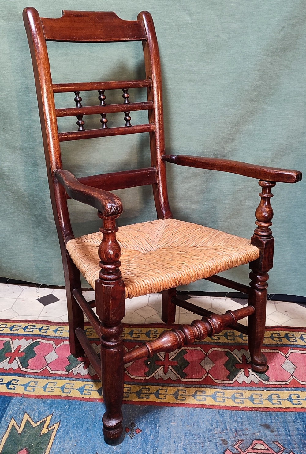 early 19thc elm fruitwood rush seat chair